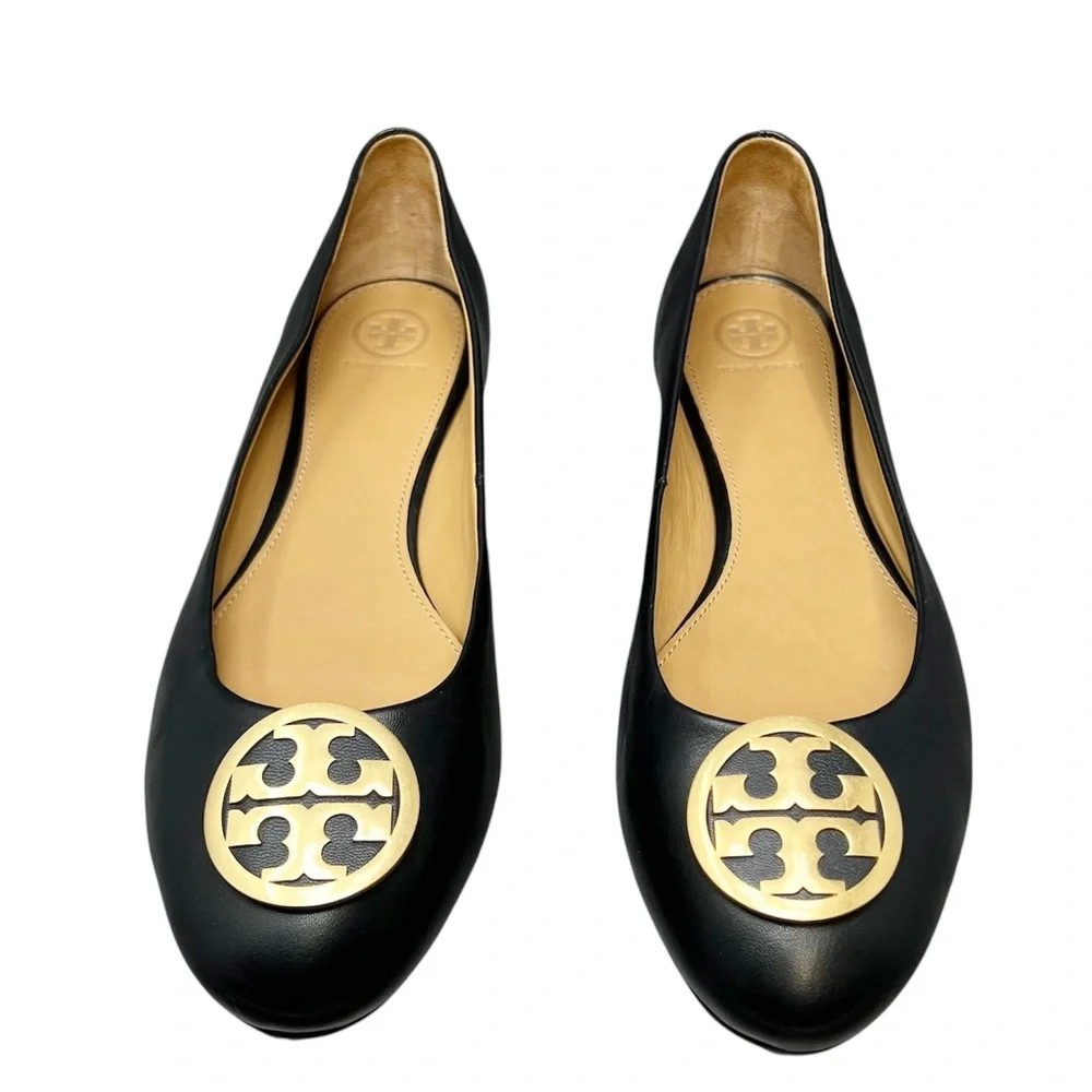 Tory Burch Black Ballet Flats Size 12 Leather with Gold Logo Emblem Shoes - Picture 4 of 13